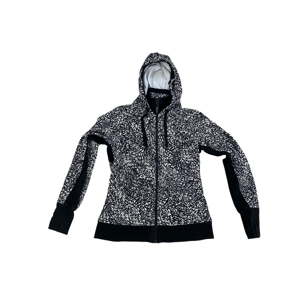 Athleta Triumph Printed Hoodie Black White‎ Full Zip Fleece Jacket Womens Medium
